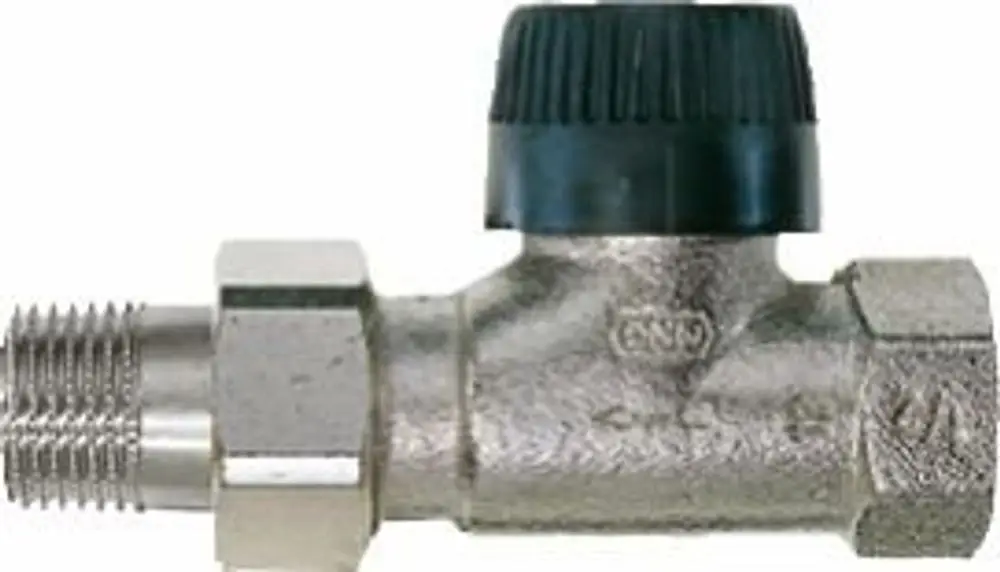 Thermostatventil aus Metall mit einem schwarzen Einstellknopf, zur Verwendung in Heizungsanlagen, hergestellt von Buderus. Gesamtansicht des Produkts auf hellem Hintergrund.